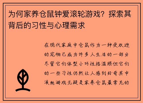 为何家养仓鼠钟爱滚轮游戏？探索其背后的习性与心理需求